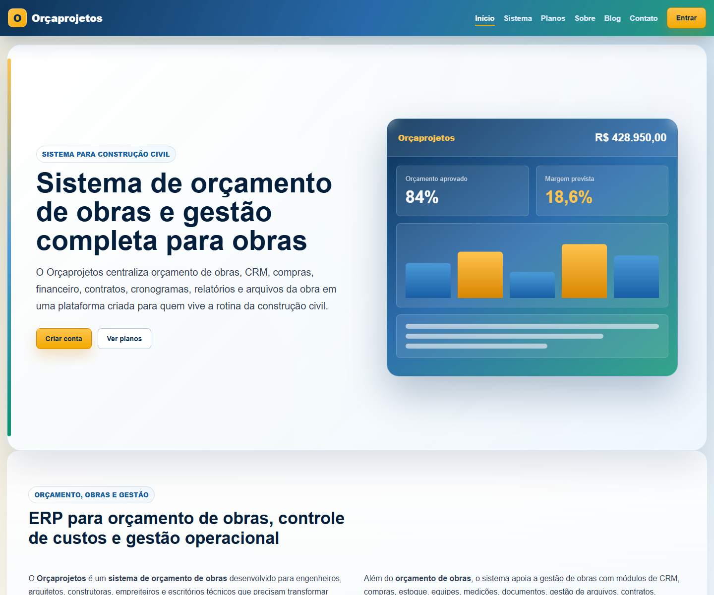 Tela real da área inicial do sistema Orçaprojetos